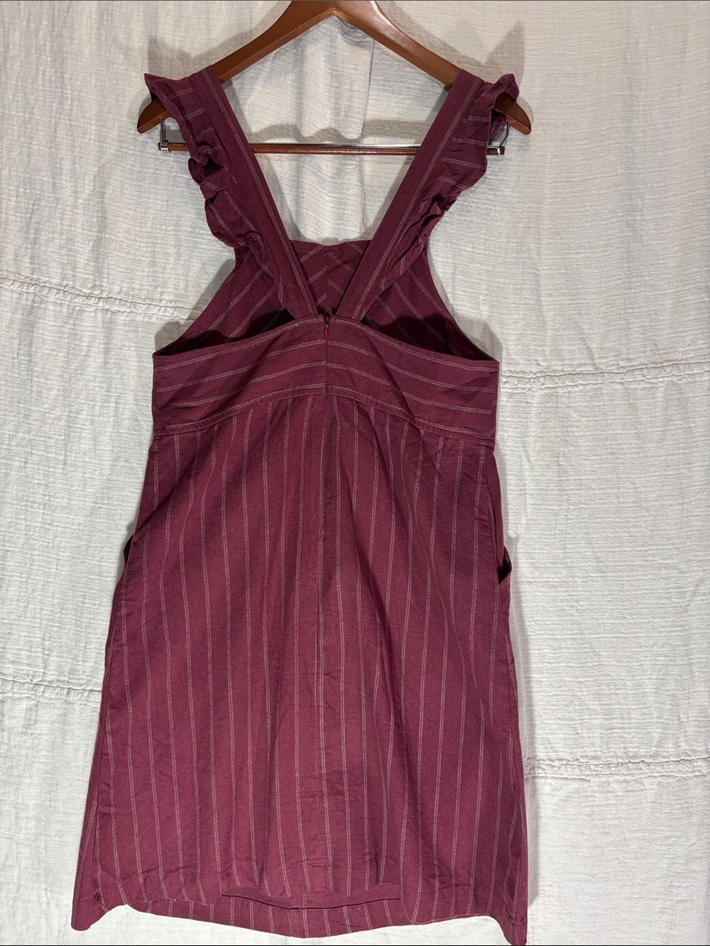 orange creek Burgundy Pinstripe Ruffle-Strap Mini Dress size Small 100% Cotton - Picture 6 of 8